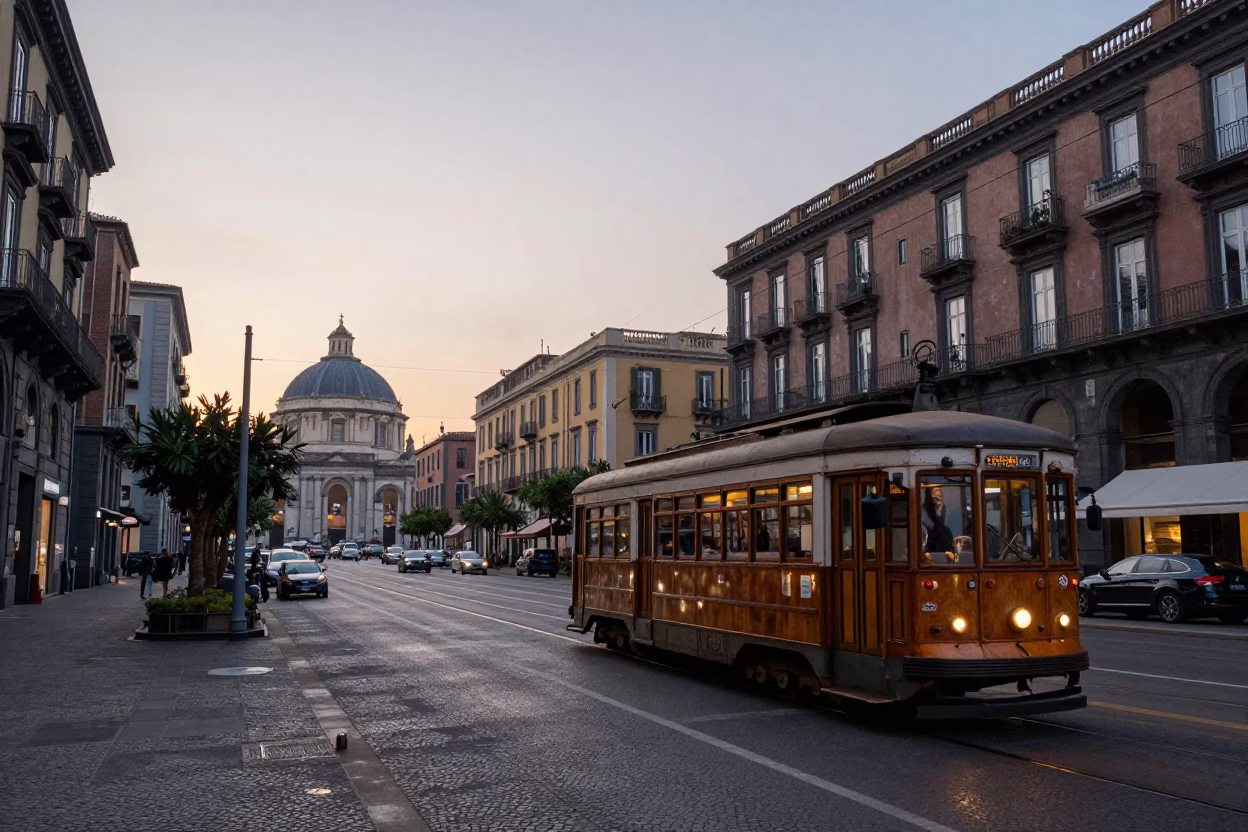Dawn in Naples Italy street scene with tramcar and historic architecture in in Naples, Italy