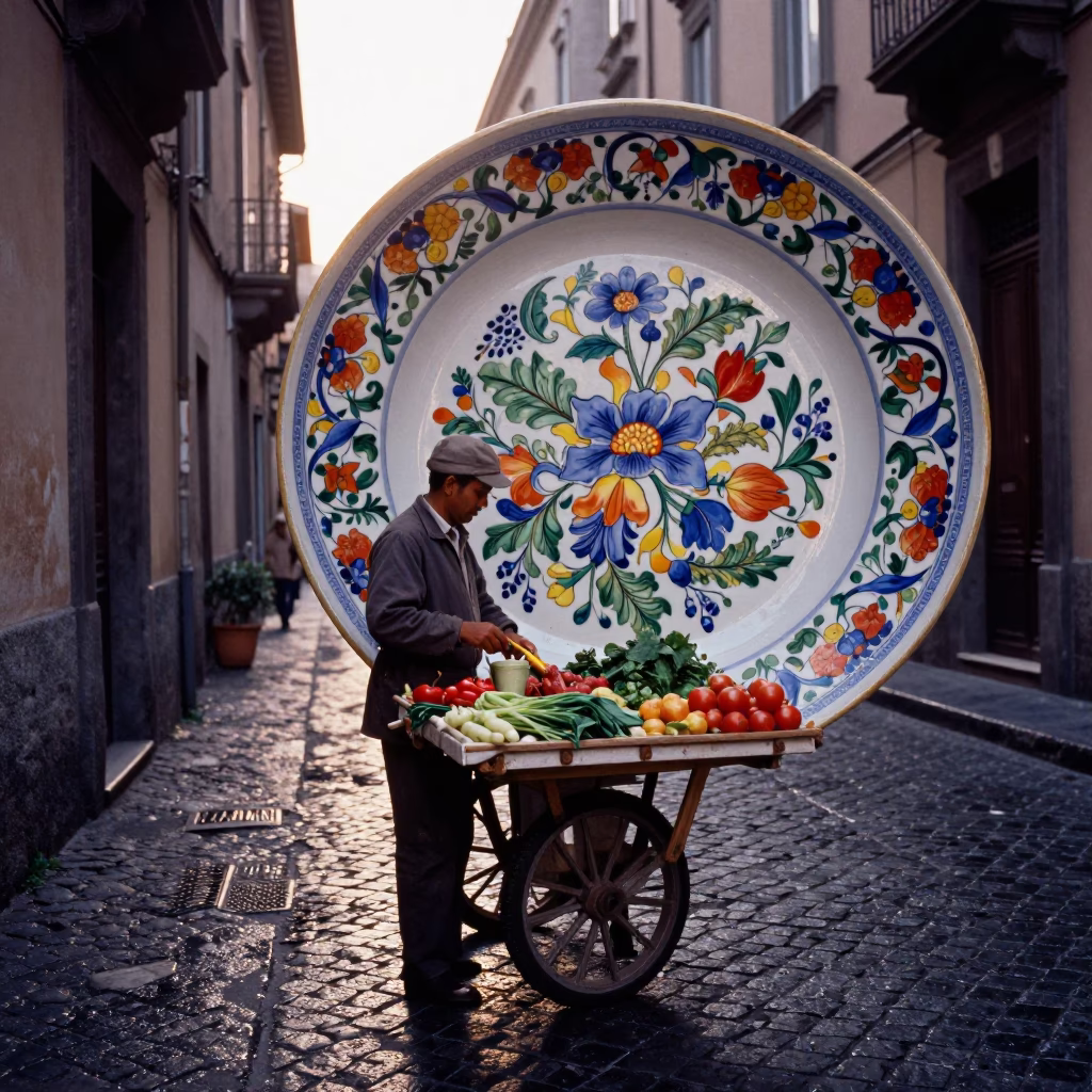 Dawn in Naples Italy Street Scene with Vintage Majolica Plate and Glass Basin in in Naples, Italy