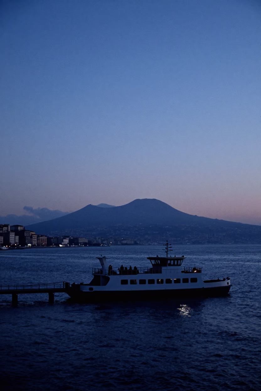 Dawn in Naples Italy with Chain Ferry Crossing the Bay and City Skyline in in Naples, Italy
