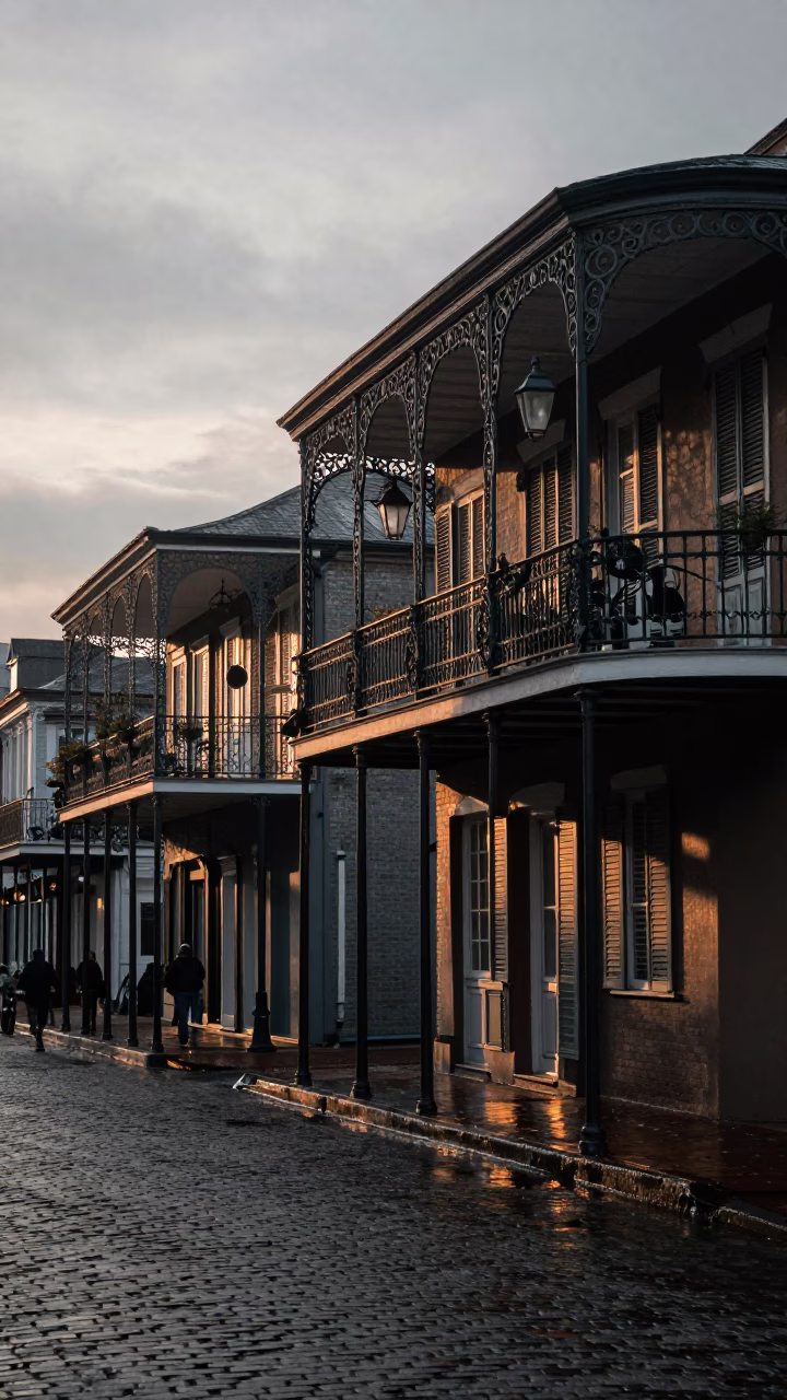 Dawn in New Orleans French Quarter Iron Balconies and Cobblestone Street Scene in in New Orleans, Louisiana, United States