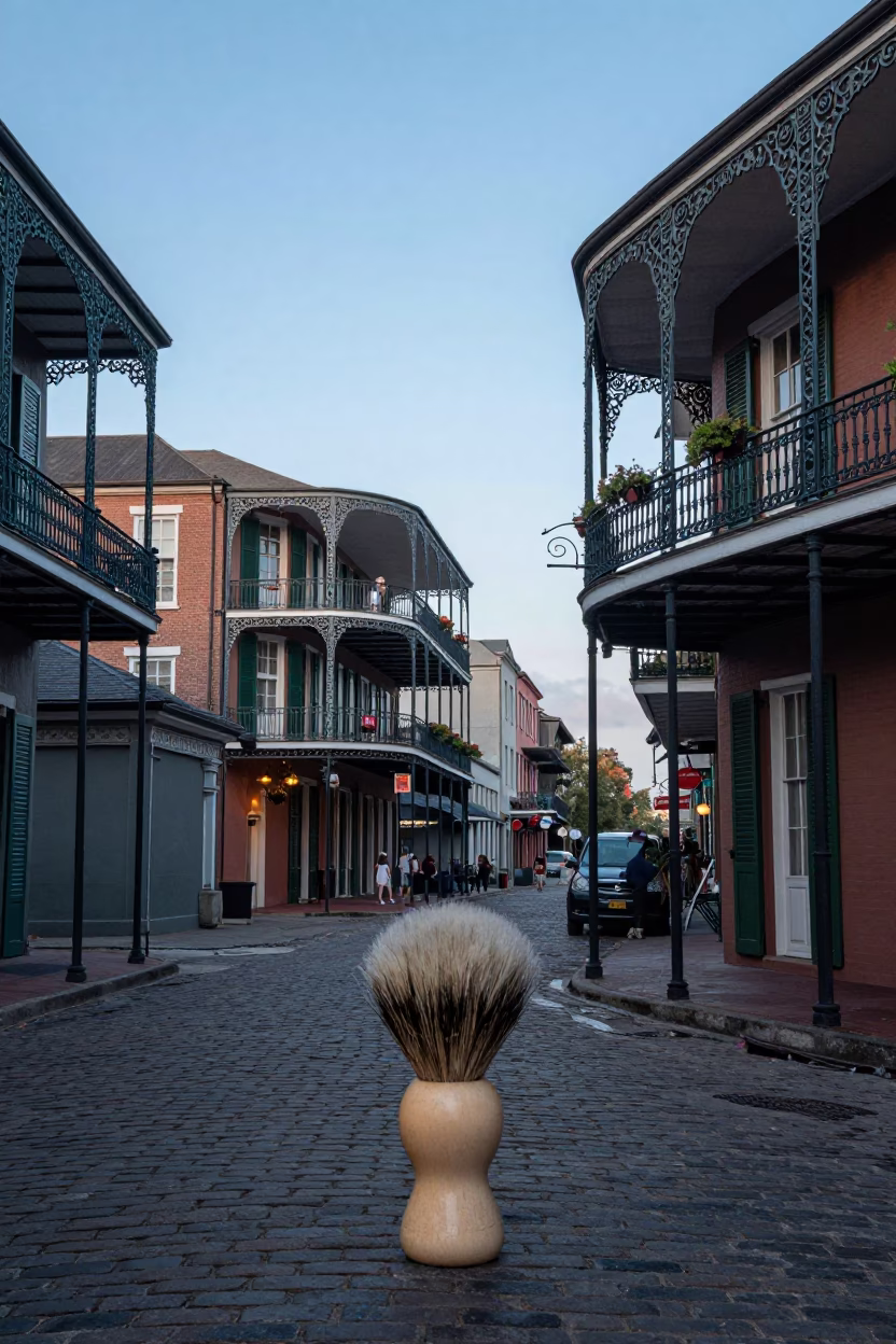 Dawn in New Orleans French Quarter Street with Shaving Brush and Brushed Steel Bucket in in New Orleans, Louisiana, United States