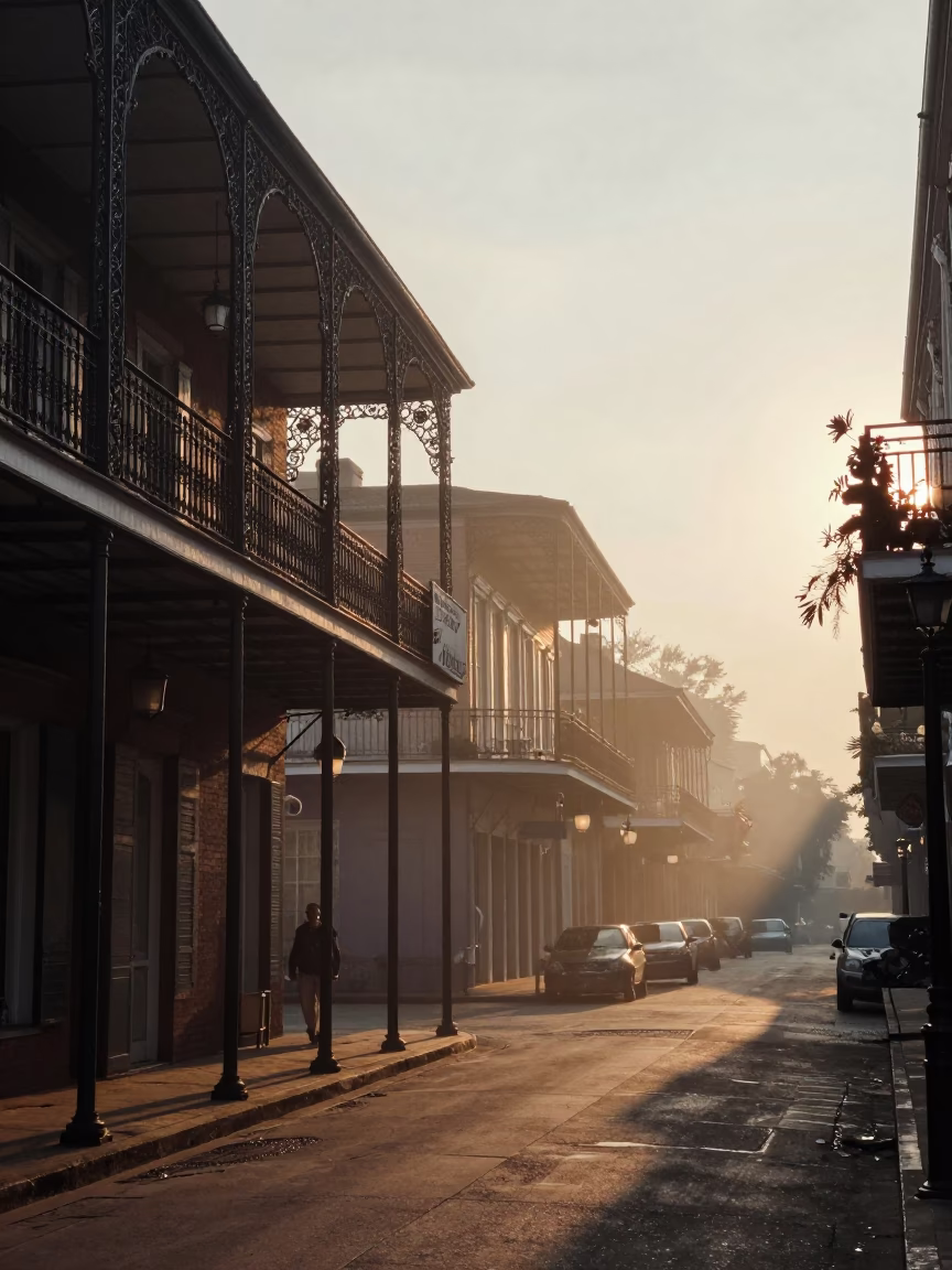 Dawn in New Orleans French Quarter with Iron Balconies and Street Activity in in New Orleans, Louisiana, United States