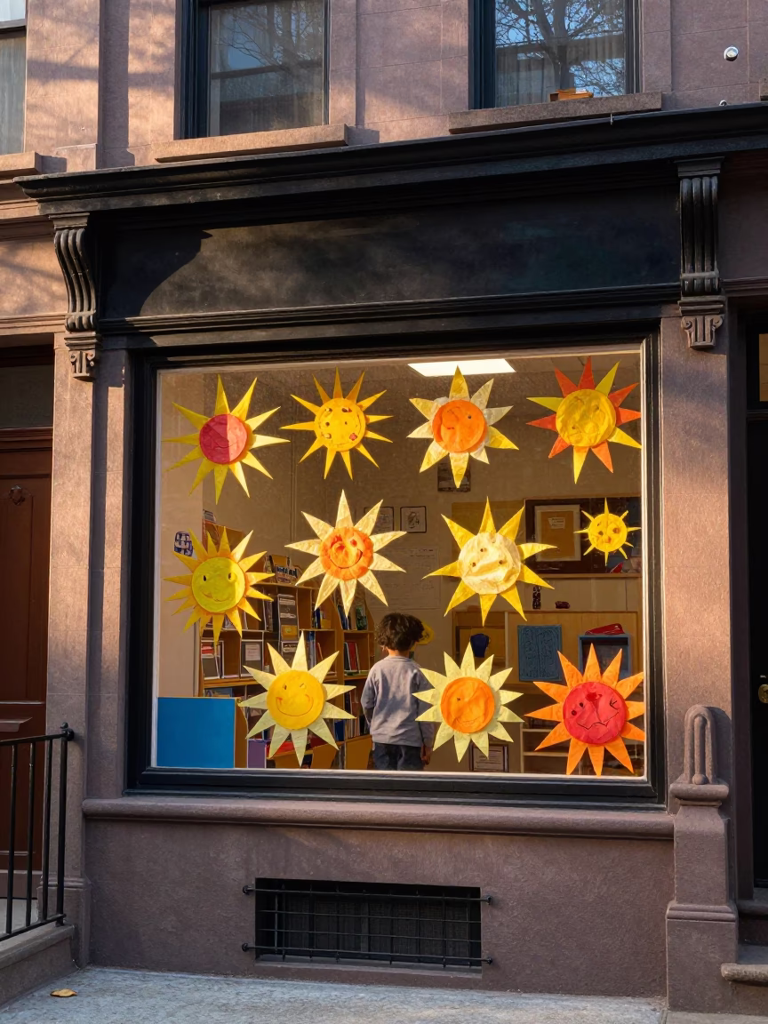 Dawn in New York City Preschool Window Displaying Handmade Tissue Paper Suns in in New York, New York, United States