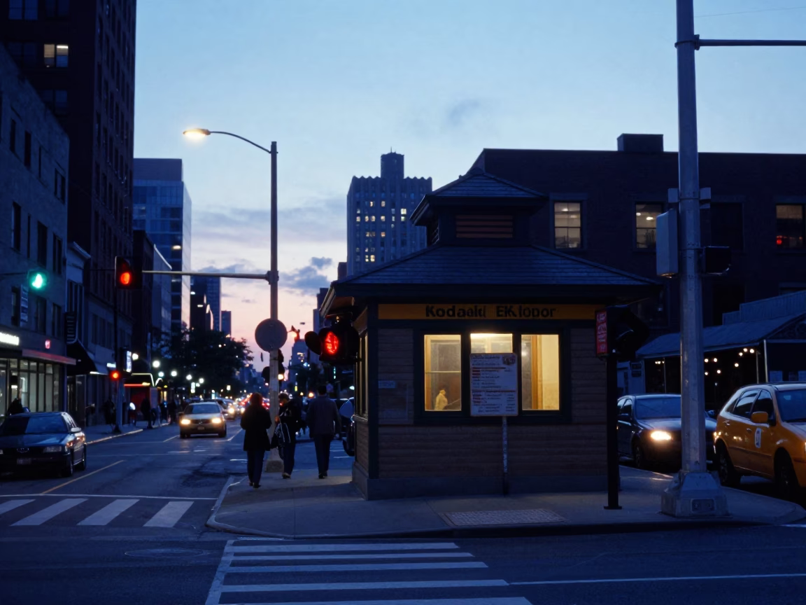 Dawn in New York City Street Scene with Railway Signal Cabin and Bottle in in New York, New York, United States