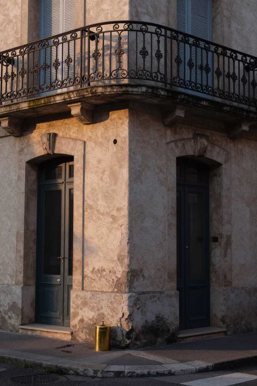 Dawn in Nice France Street Corner with Tea Tin and Brass Latch in in Nice, France