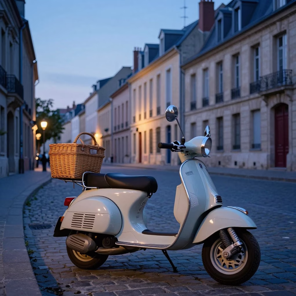 Dawn in Nice France with Vintage Scooter and Woven Basket on Cobblestone Street in in Nice, France