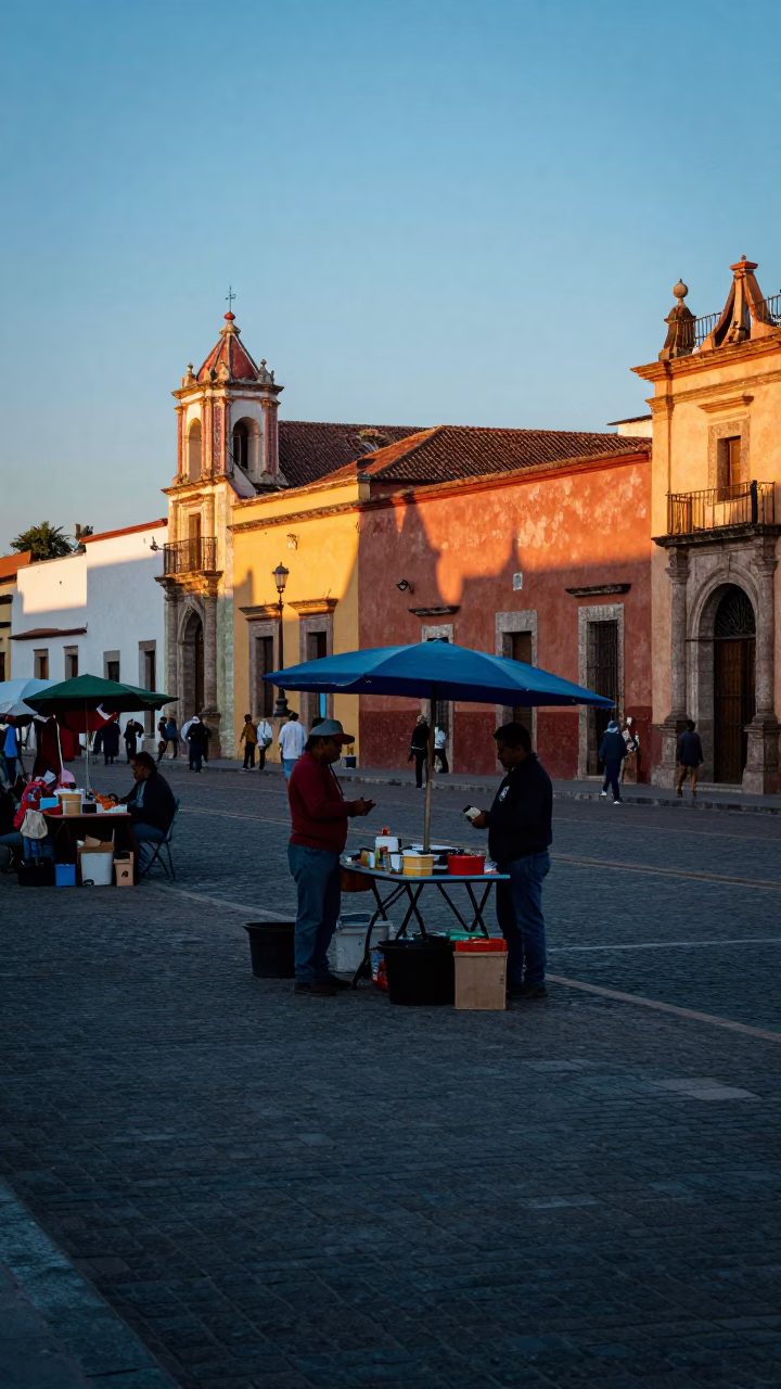 Dawn in Oaxaca Mexico Street Scene with Local Market Vendors and Colorful Architecture in in Oaxaca, Mexico