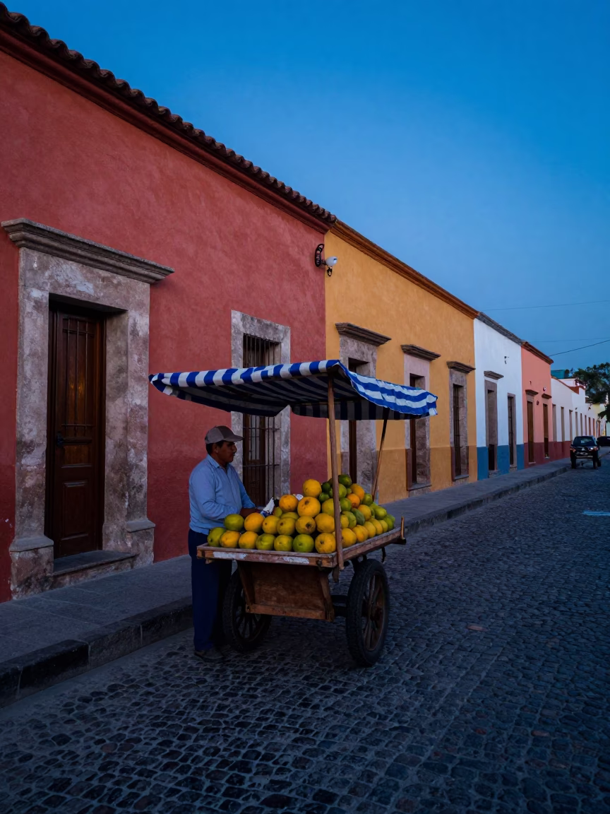 Dawn in Oaxaca Mexico Street Scene with Local Vendor and Colorful Umbrellas in in Oaxaca, Mexico