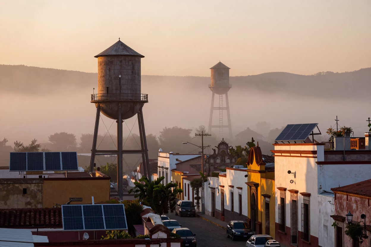 Dawn in Oaxaca Mexico Street Scene with Water Tower and Solar Panels in in Oaxaca, Mexico