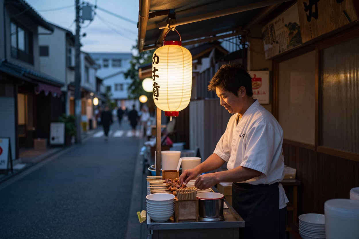 Dawn in Osaka Japan street food vendor preparing breakfast with lantern light in in Osaka, Japan