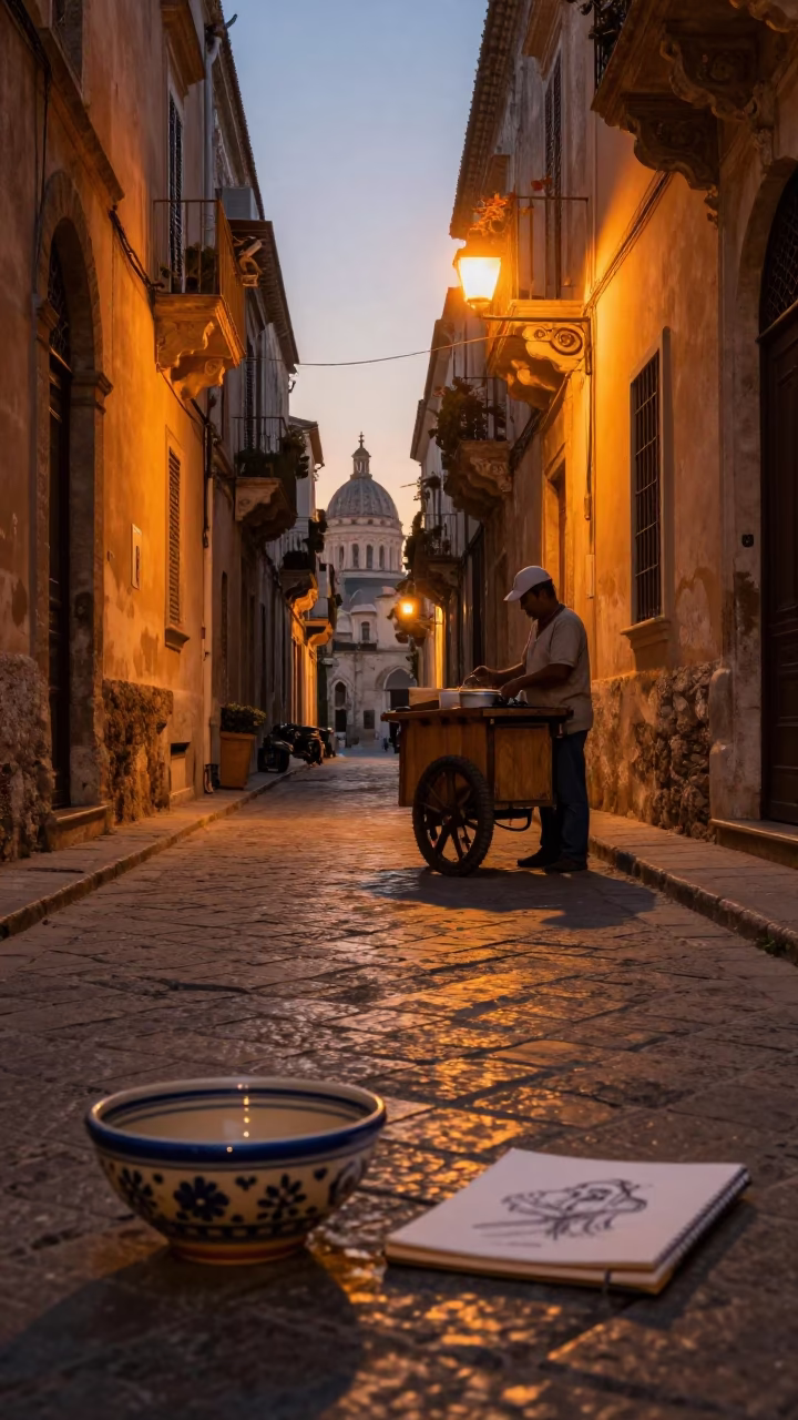 Dawn in Palermo Italy Street Scene with Ceramic Bowl and Sketchbook in in Palermo, Italy