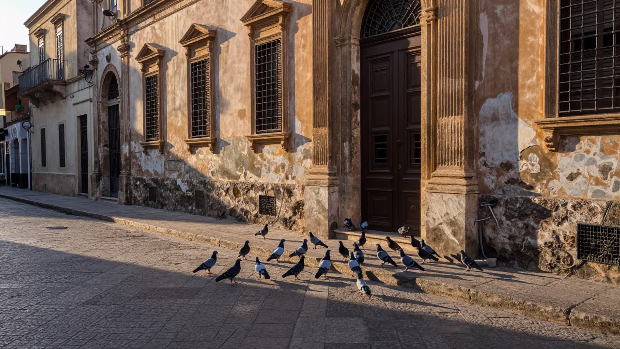 Dawn in Palermo Italy with Pigeons and Boot Scraper in in Palermo, Italy