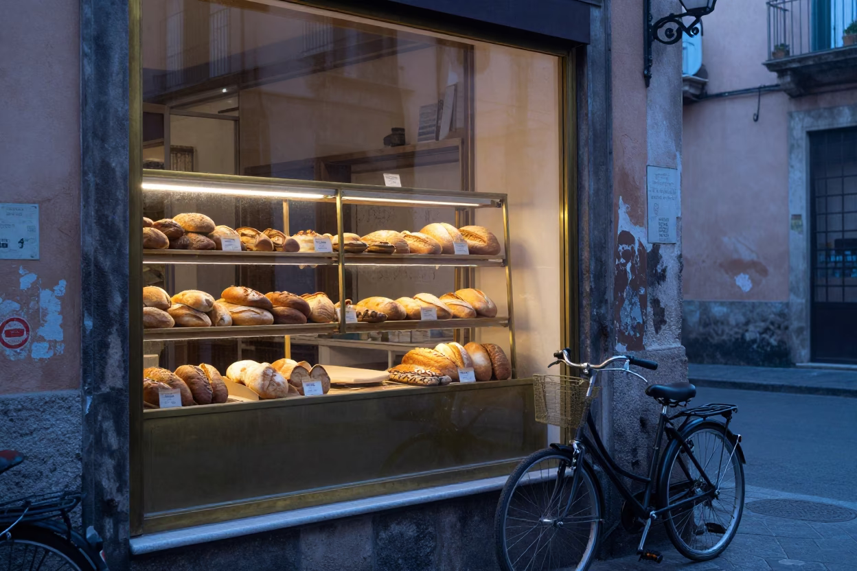 Dawn in Palermo Sicily Bicycle Against Bakery Window with Brass Escutcheon in in Palermo, Italy