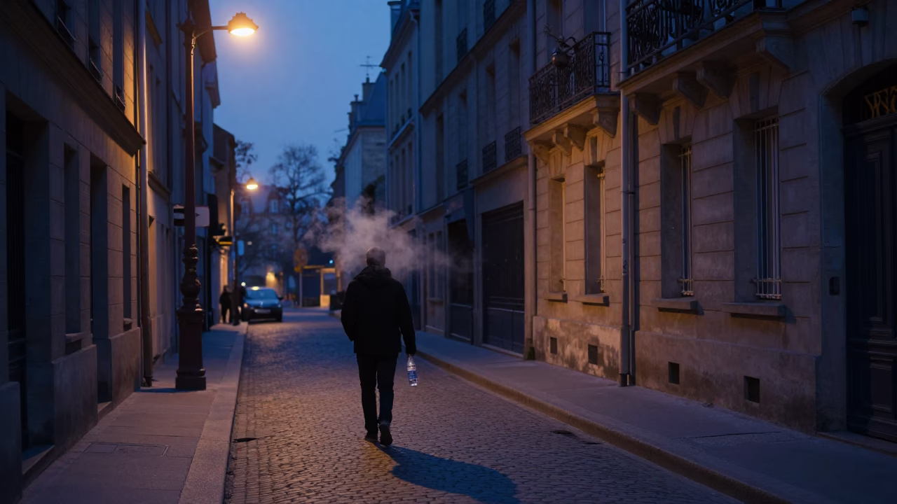 Dawn in Paris France Early Morning Street Scene with Water Bottle and Jar in in Paris, France