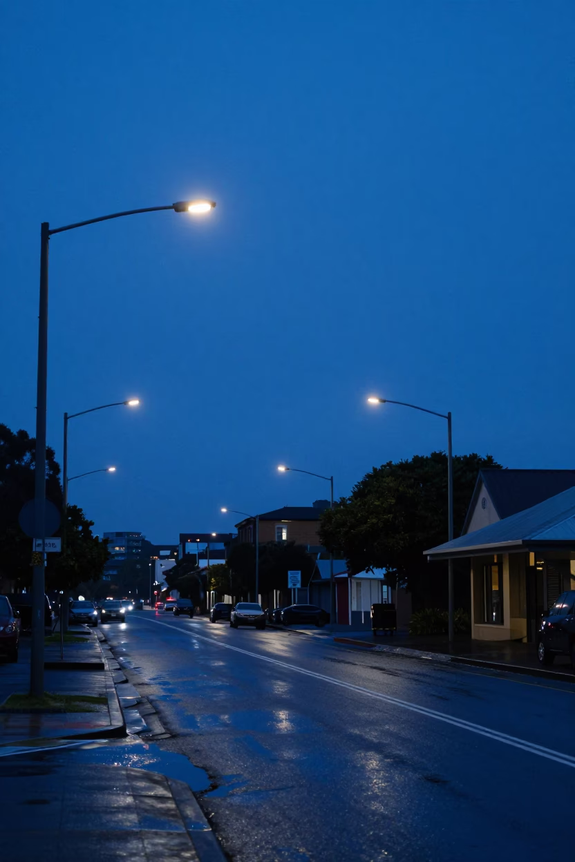 Dawn in Perth Western Australia Wet Asphalt Street Scene Before Sunrise in in Perth, Western Australia, Australia