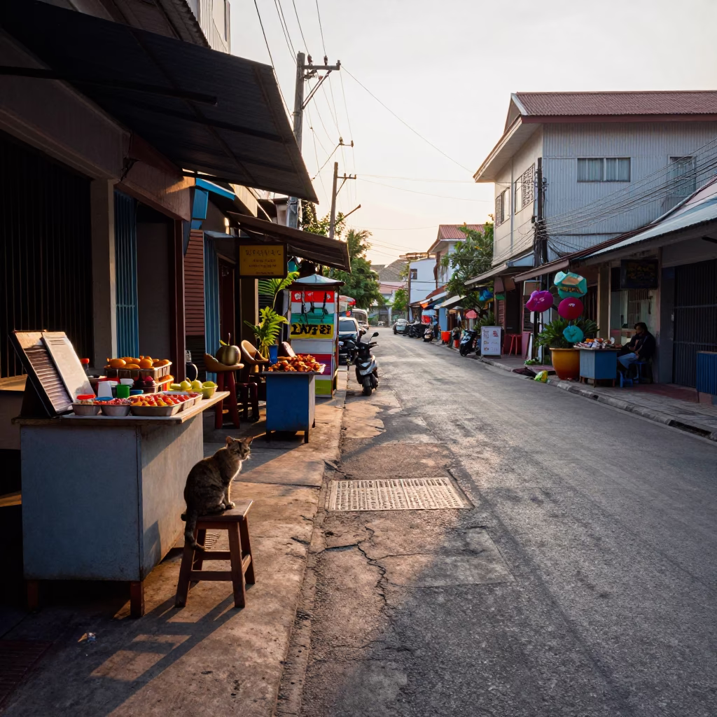 Dawn in Phuket Thailand Street Scene with Cat and Local Life in in Phuket, Thailand