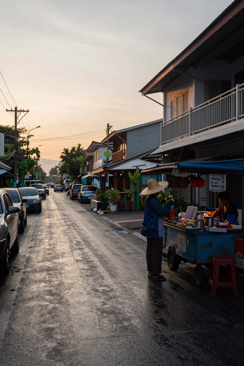 Dawn in Phuket Thailand Street Scene with Straw Hat and Vintage Car in in Phuket, Thailand