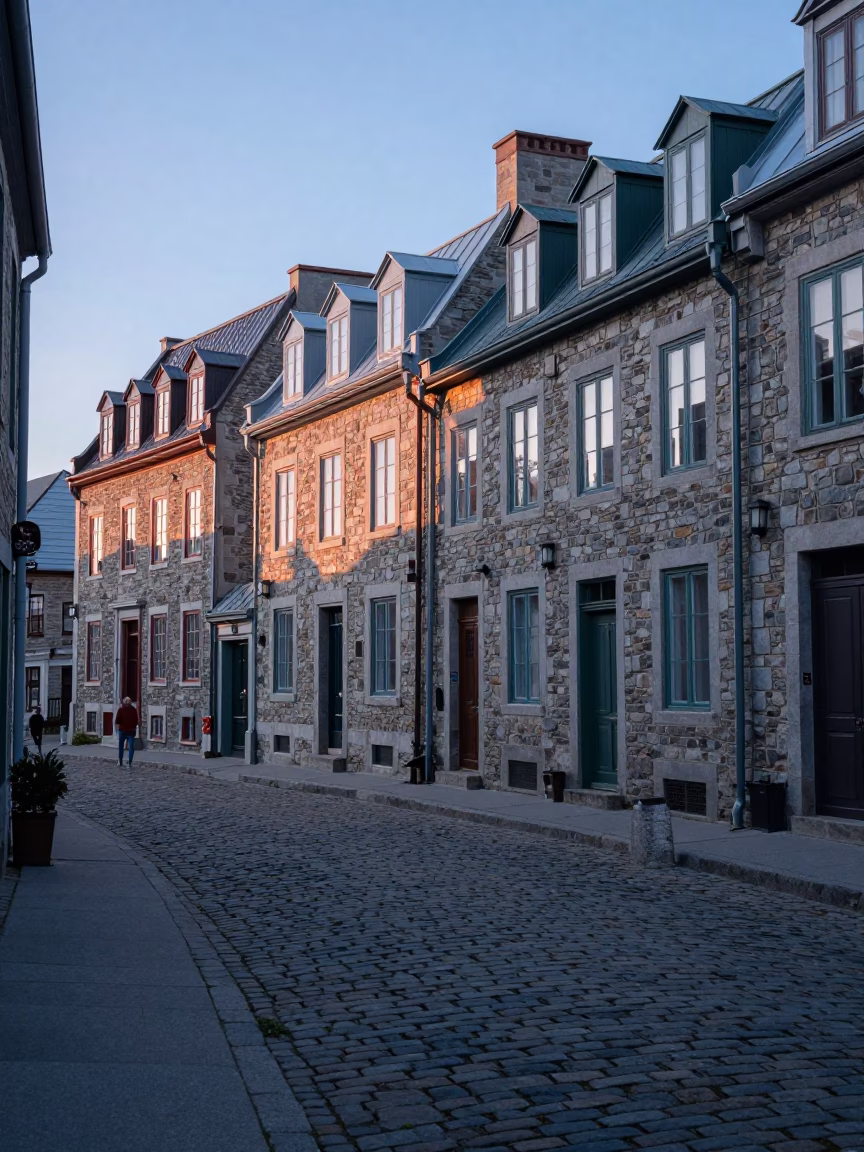 Dawn in Quebec City Old Port Historic Stone Buildings Cobblestone Street Atmosphere in in Quebec City, Quebec, Canada