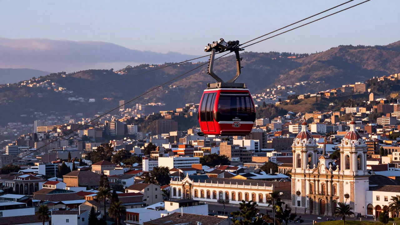 Dawn in Quito Ecuador Cable Car Over Colonial Architecture and Mountain Skyline in in Quito, Ecuador