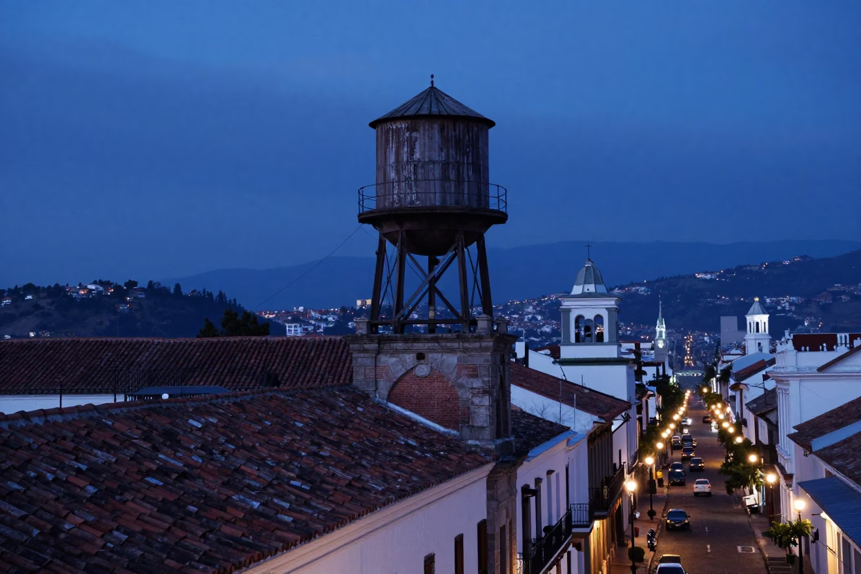 Dawn in Quito Ecuador Rooftop Water Tower and Morning Street Life in in Quito, Ecuador
