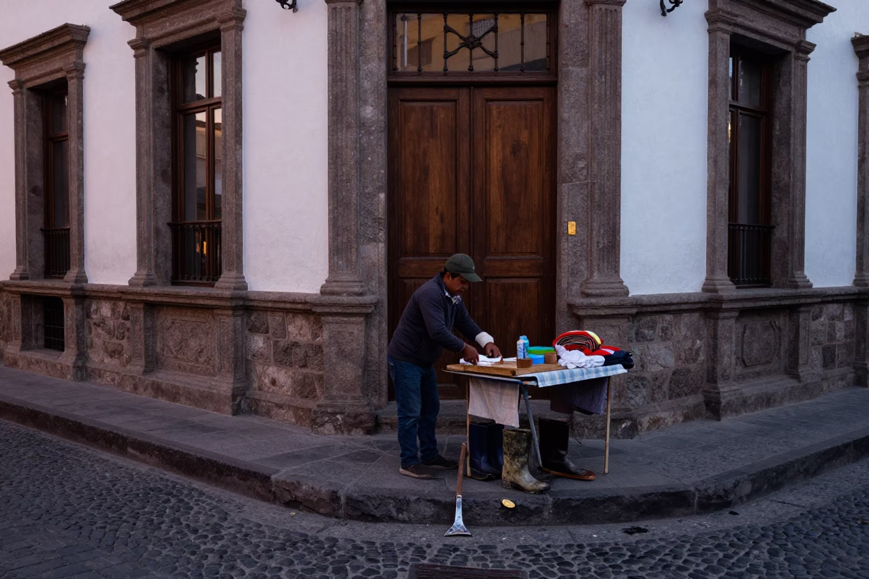Dawn in Quito Ecuador Street Corner with Boot Scraper and Glass Tumblers in in Quito, Ecuador