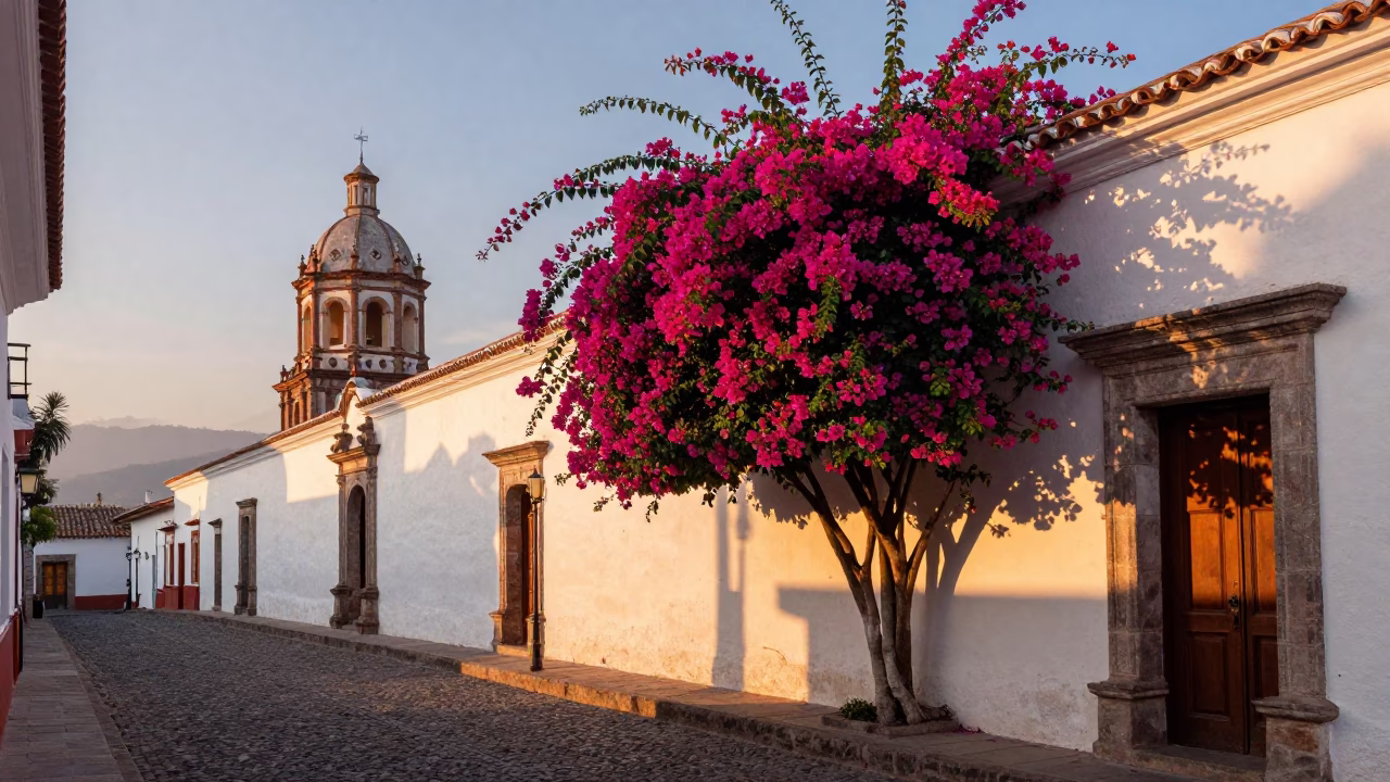 Dawn in Quito Ecuador with Bougainvillea and Colonial Architecture in in Quito, Ecuador