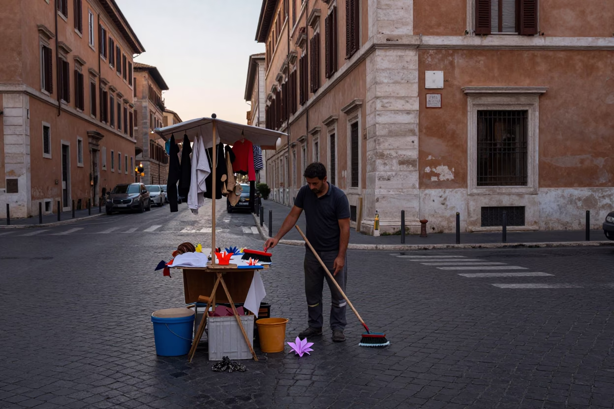 Dawn in Rome Italy Street Scene with Clothes Brush and Origami Crane in in Rome, Italy
