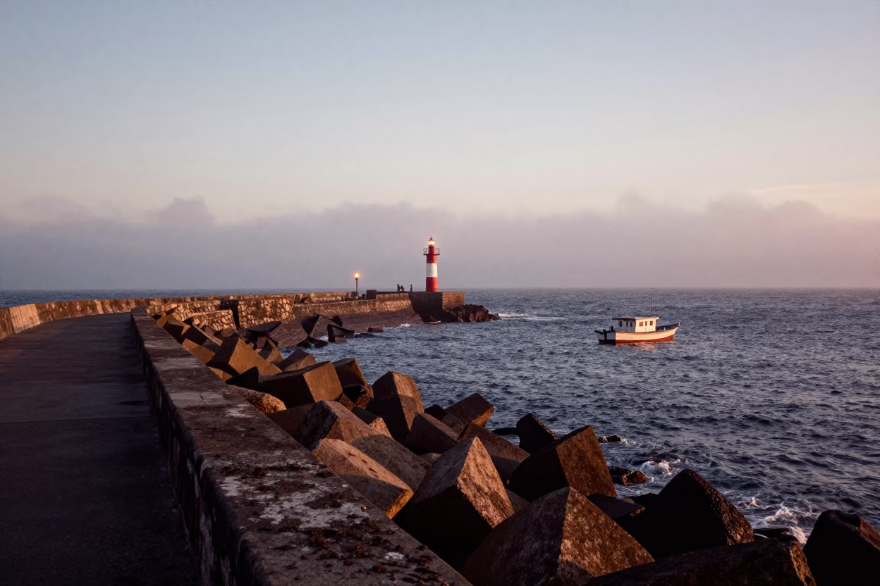 Dawn in Salvador Brazil Coastal Breakwater Beacon and Fishing Boats in in Salvador, Brazil