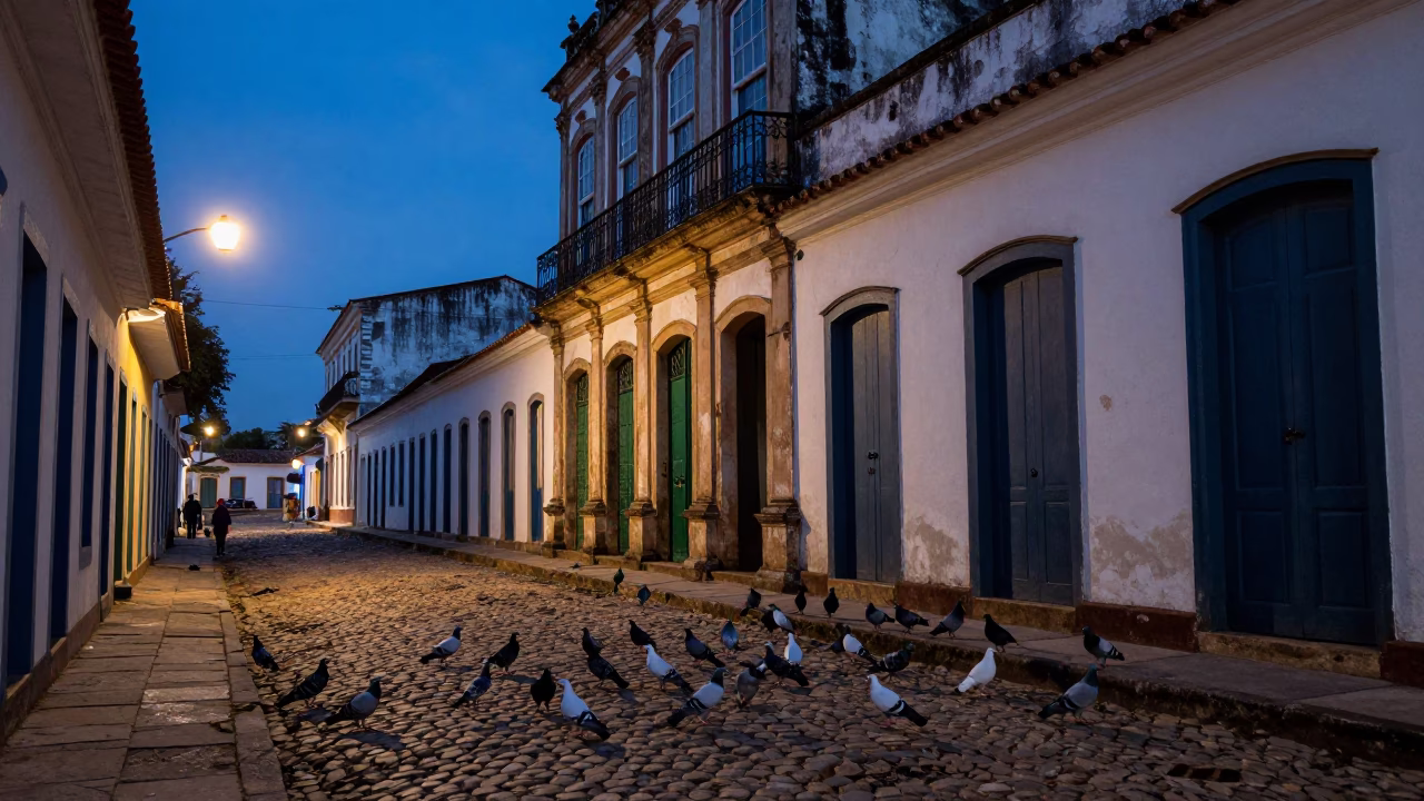 Dawn in Salvador Brazil Street Scene with Pigeons and Colonial Architecture in in Salvador, Brazil
