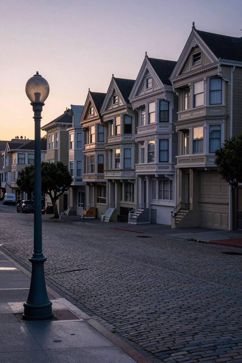 Dawn in San Francisco with Condensation on Lamp Base and Street Scene in in San Francisco, California, United States