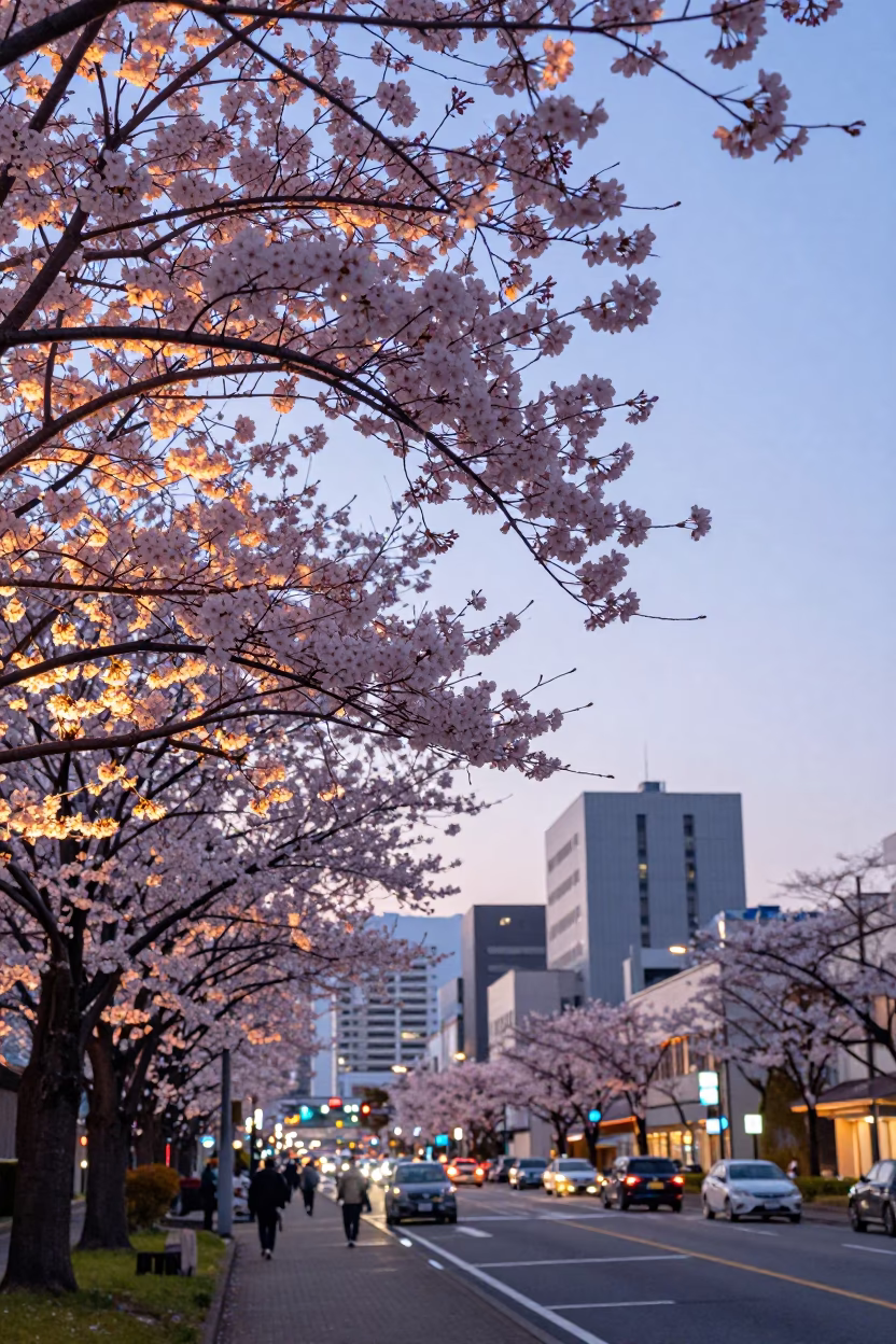 Dawn in Sapporo Japan Cherry Blossoms and City Streets in in Sapporo, Japan
