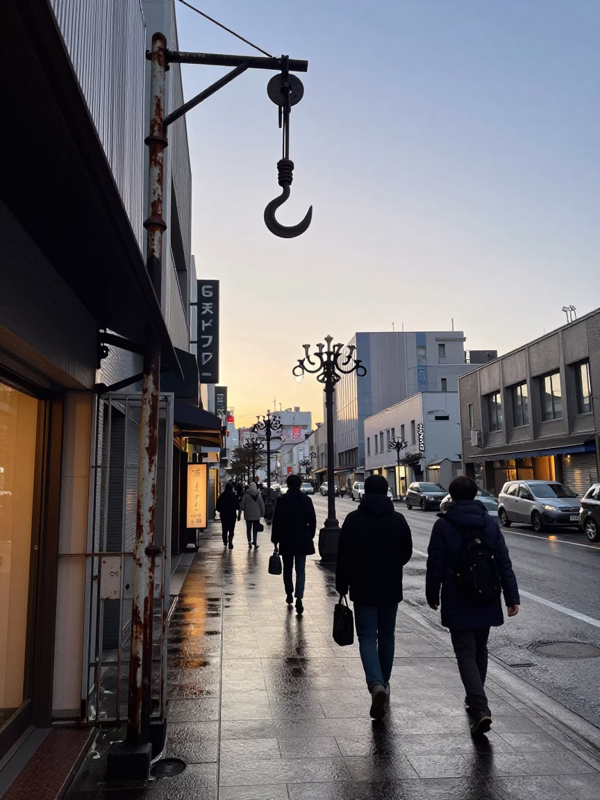 Dawn in Sapporo Japan Street Scene with Iron Hook and Candlestick in in Sapporo, Japan