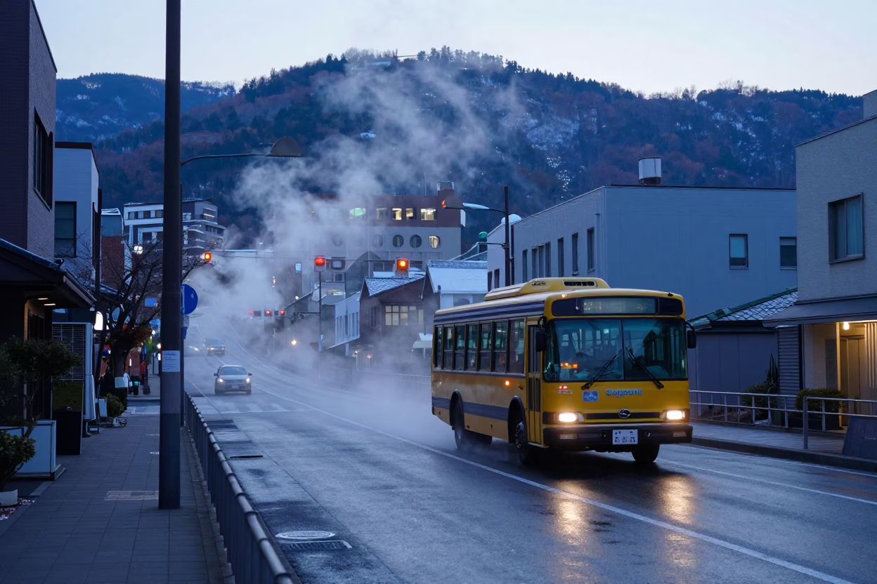 Dawn in Sapporo Japan Street Scene with Steam Haze and Vintage Bus in in Sapporo, Japan