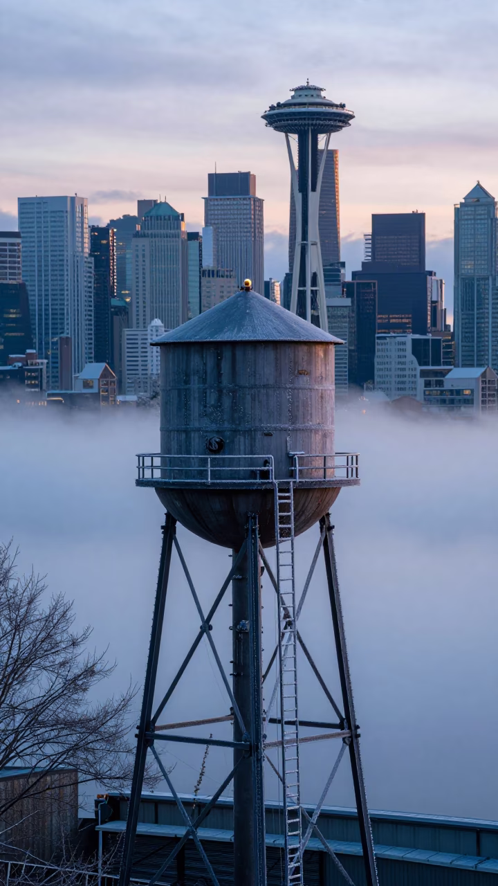 Dawn in Seattle Washington Water Tower Frost and Rack Railway Clouds in in Seattle, Washington, United States