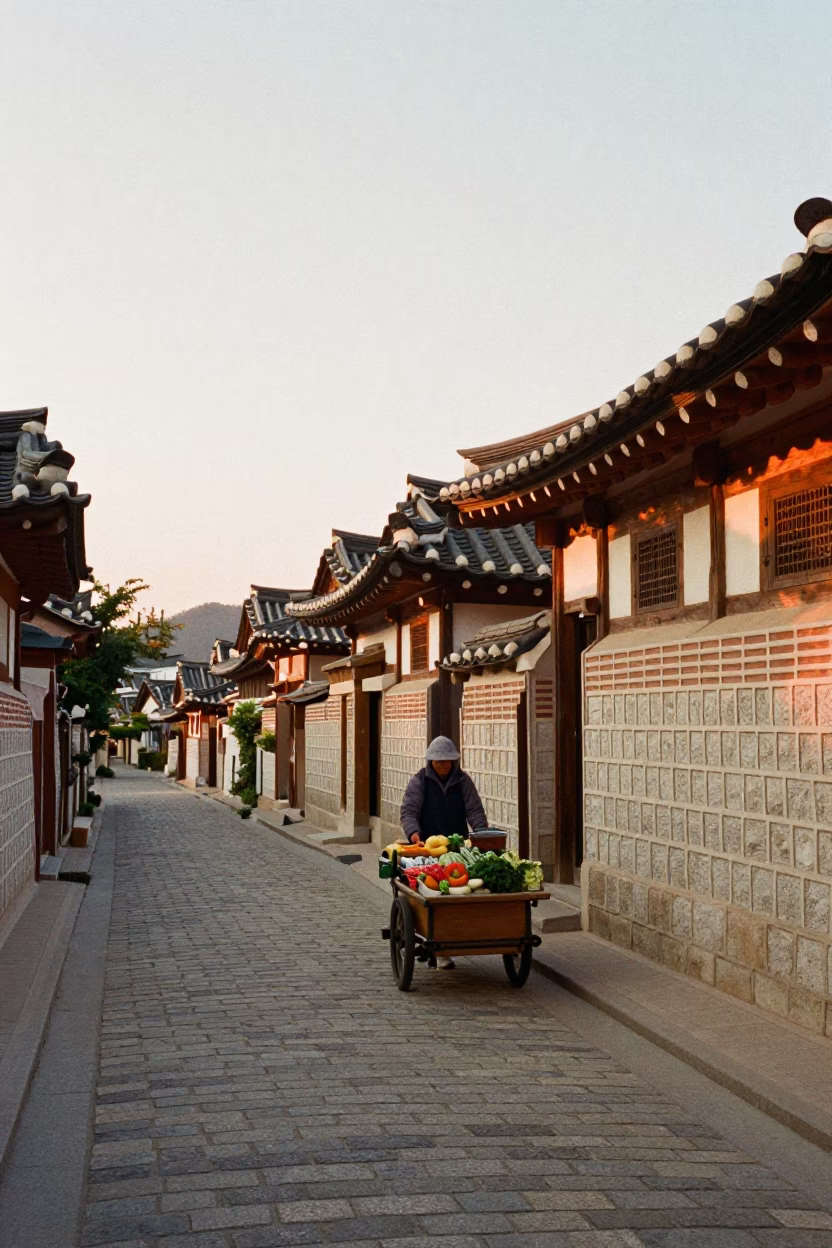 Dawn in Seoul South Korea Street Scene with Traditional Architecture and Early Morning Activity in in Seoul, South Korea