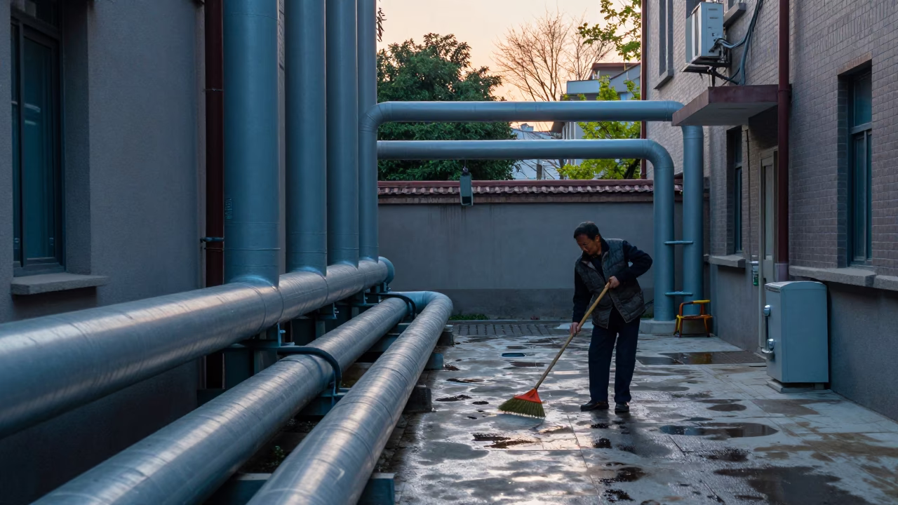 Dawn in Shanghai Residential Courtyard with District Heating Pipes and Morning Routine in in Shanghai, China