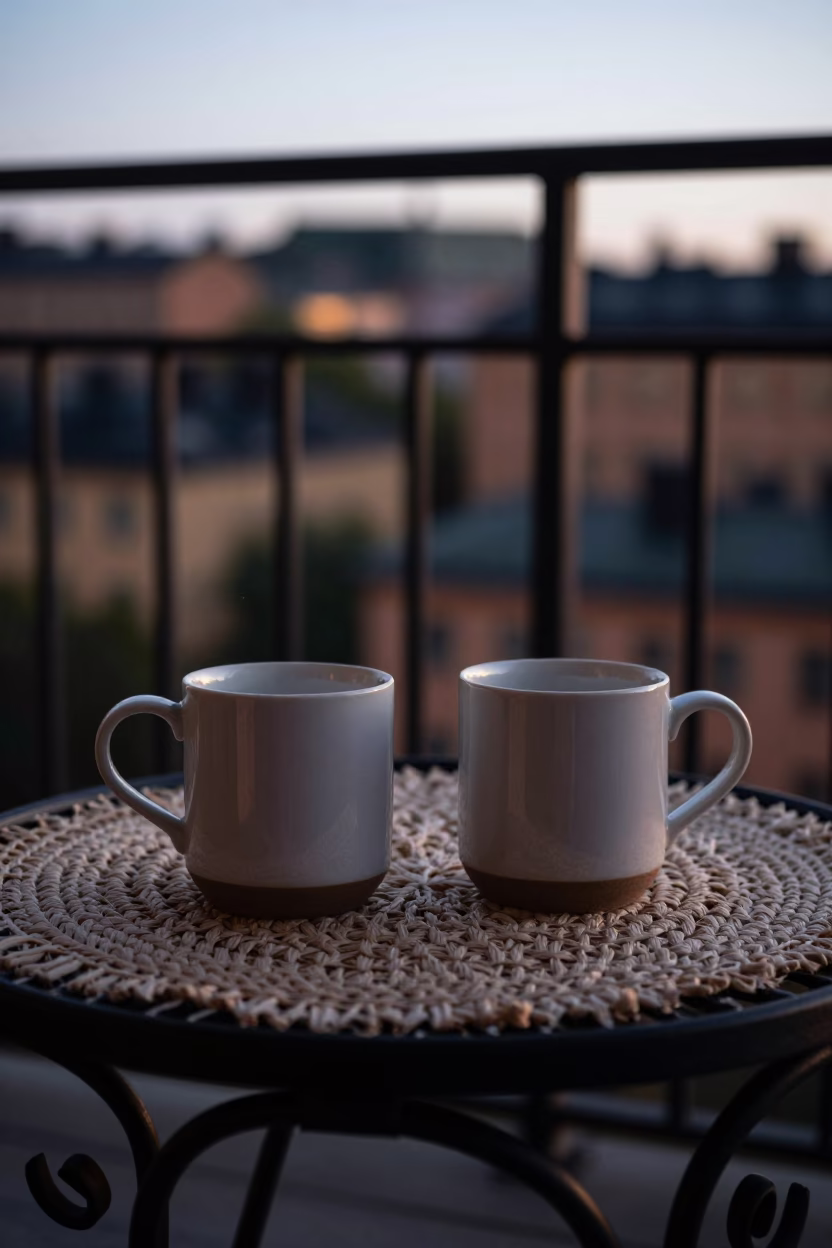 Dawn in Stockholm Sweden Ceramic Mugs on Balcony with Early Morning Light in in Stockholm, Sweden