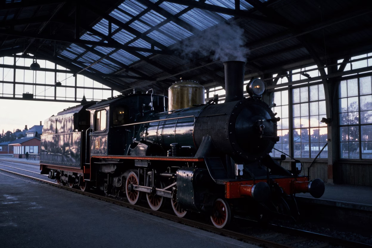 Dawn in Stockholm Sweden Heritage Steam Locomotive Inside Vintage Station Shed Before Sunrise in in Stockholm, Sweden