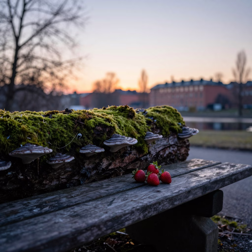 Dawn in Stockholm Sweden with mossy log bracket fungus and strawberries in in Stockholm, Sweden