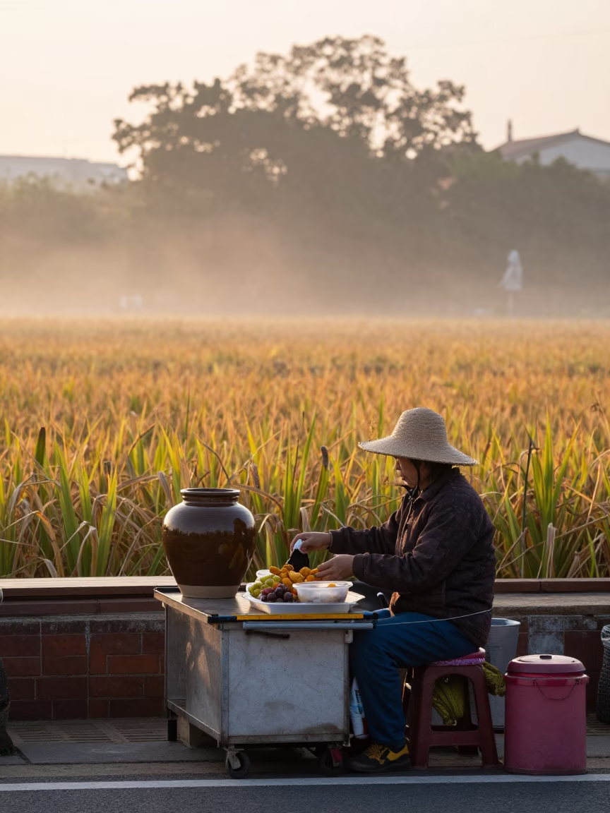 Dawn in Tainan Taiwan Street Vendor with Turmeric Field and Jar in in Tainan, Taiwan