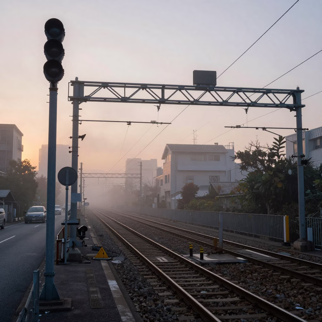 Dawn in Tokyo Japan Street Scene with Signal Gantry and Misty Rail Lines in in Tokyo, Japan
