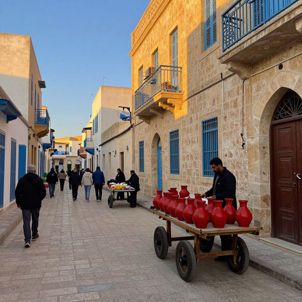 Dawn in Tunis Tunisia Street Scene with Colorful Vendors and Early Morning Activity in in Tunis, Tunisia