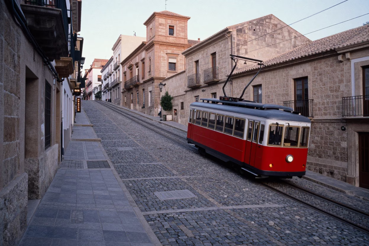 Dawn in Valencia Spain Old Town Funicular Climbing Steep Hill First Light in in Valencia, Spain