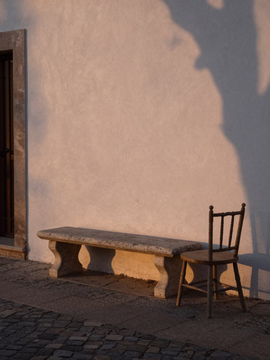 Dawn in Valencia Spain Stone Bench and Spindle Chair in Pre-Light in in Valencia, Spain