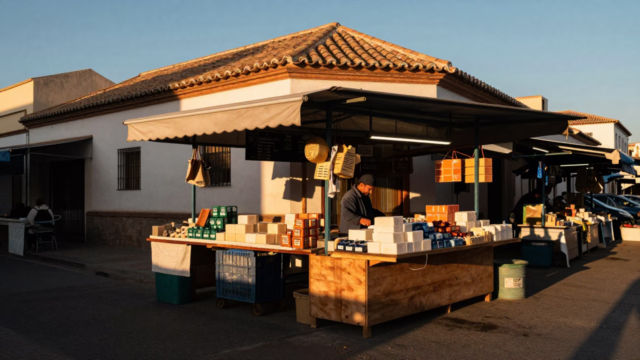 Dawn in Valencia Spain street corner market stall with soap and scrub brush in in Valencia, Spain