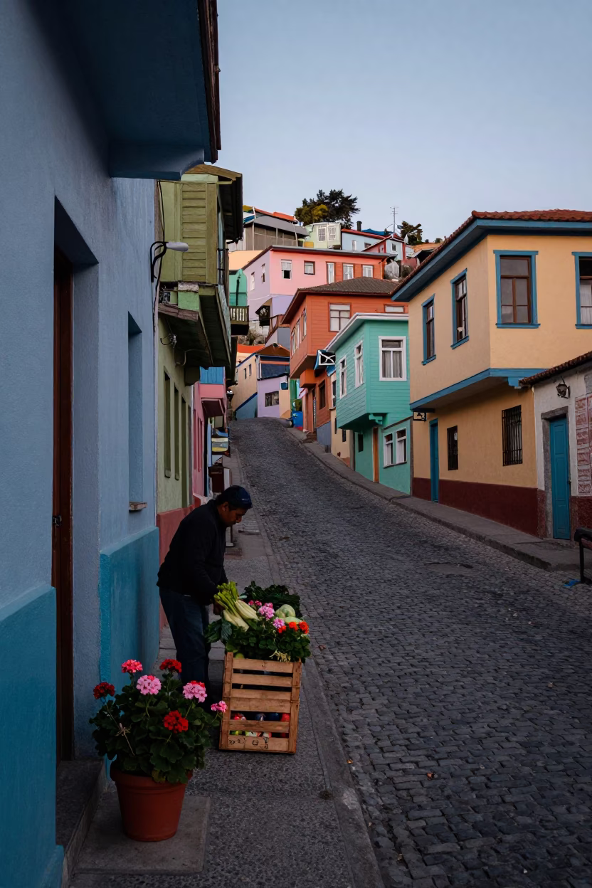 Dawn in Valparaiso Chile Street Scene with Potted Geraniums and Wooden Crate in in Valparaiso, Chile