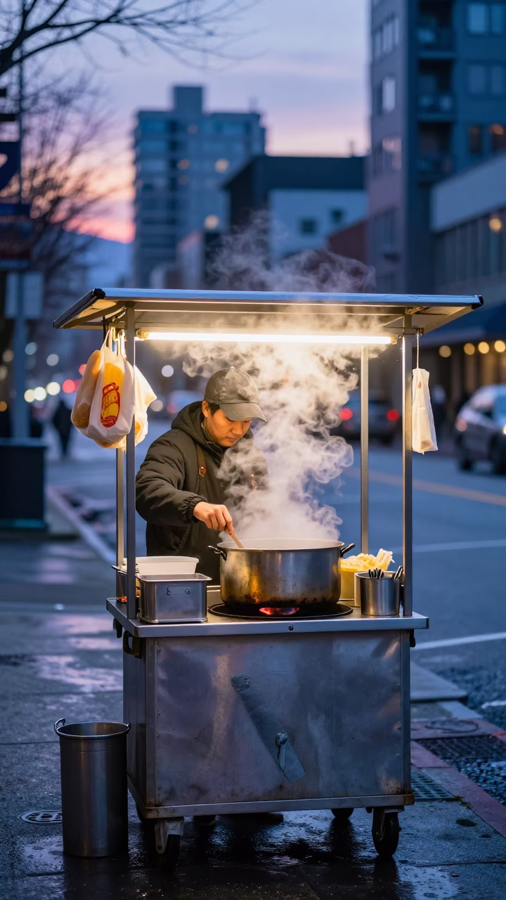 Dawn in Vancouver British Columbia Canada street food vendor serving ramen before sunrise in in Vancouver, British Columbia, Canada