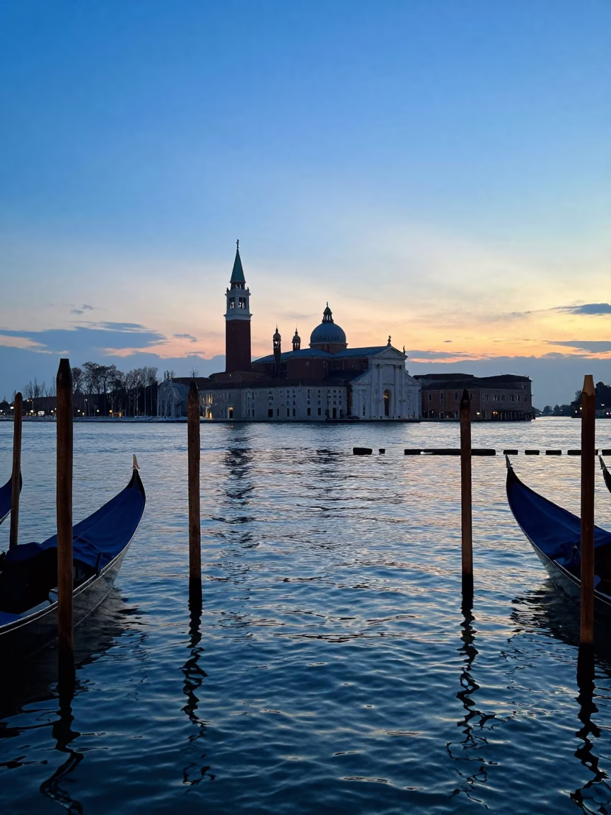 Dawn in Venice Italy Lagoon Before Sunrise with Wooden Mooring Poles and Empty Waterway in in Venice, Italy
