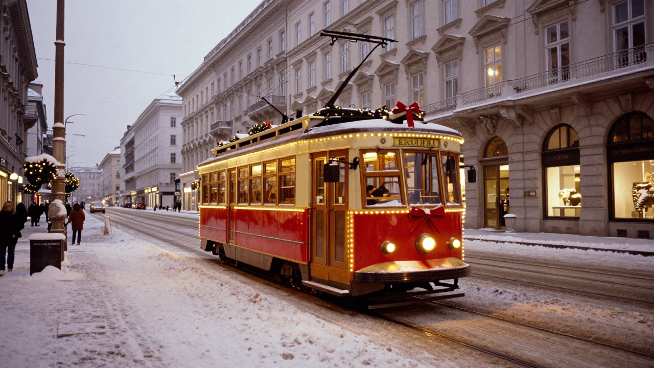 Dawn in Vienna Austria tramcar decorated for Christmas on snowy avenue in in Vienna, Austria