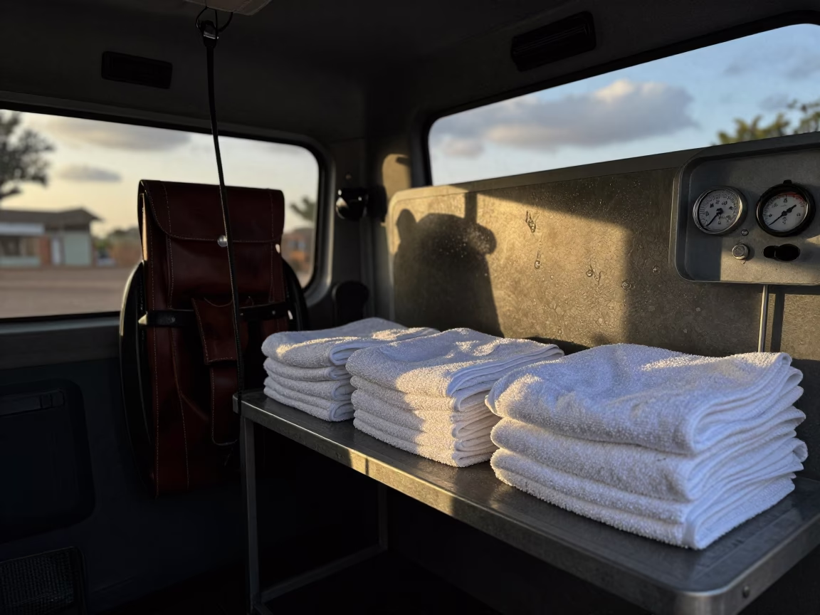Dawn Interior of Dog Wash Grooming Van in at a dog wash bay behind the shop in Ibadan